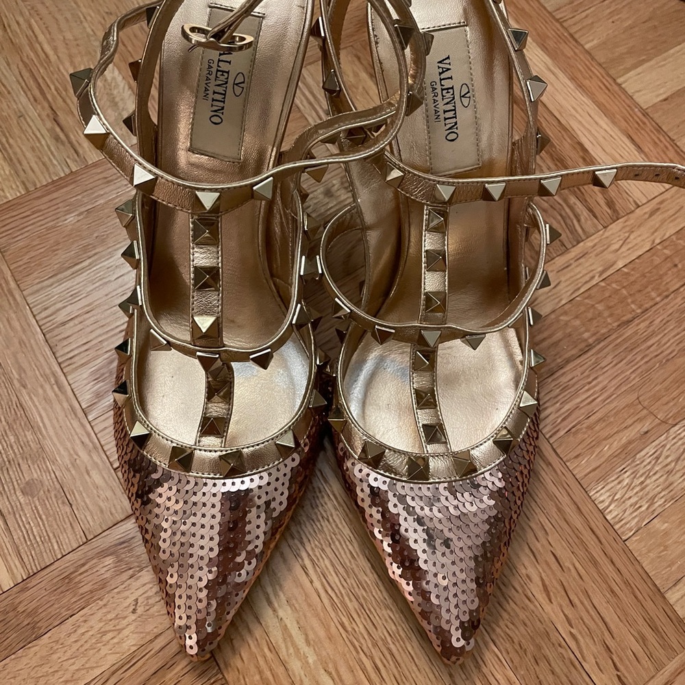 Valentino Rockstud heels, sequin glitter , rosegold